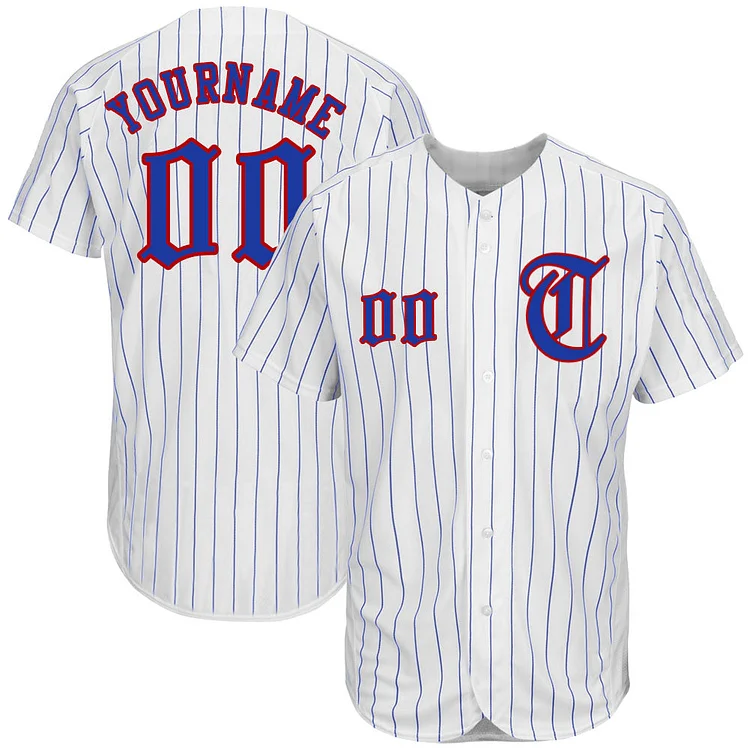 Custom White Royal Pinstripe Royal-Red Baseball Jersey