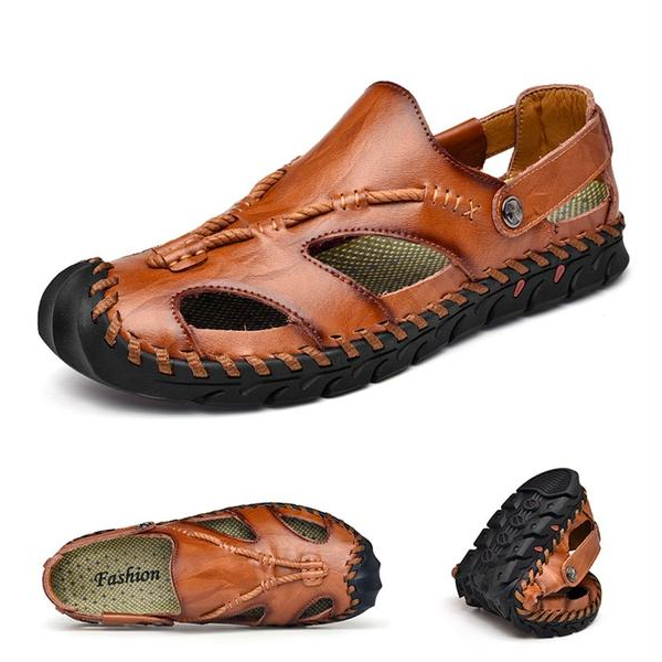 Men's Rome Genuine Leather Sandals Slip On Breathable Beach Sandal Shoes