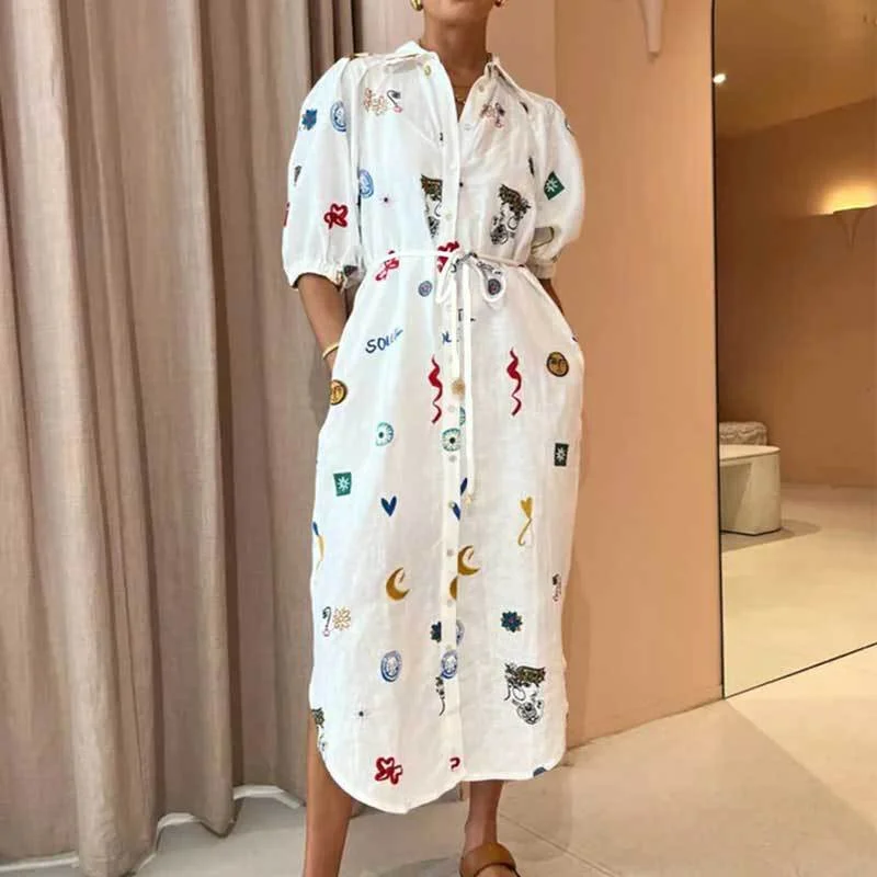 Brownm Brownm 2024 Women's New Printed Lapel Long Style Waist Lace Shirt Dress