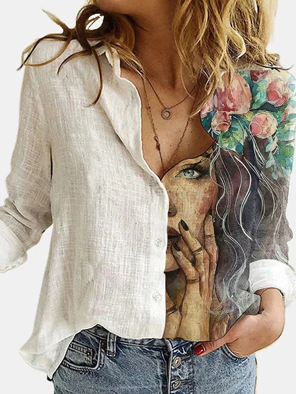 Stylish Asymmetric Floral Printed Lapel Long Sleeves Blouse Tops