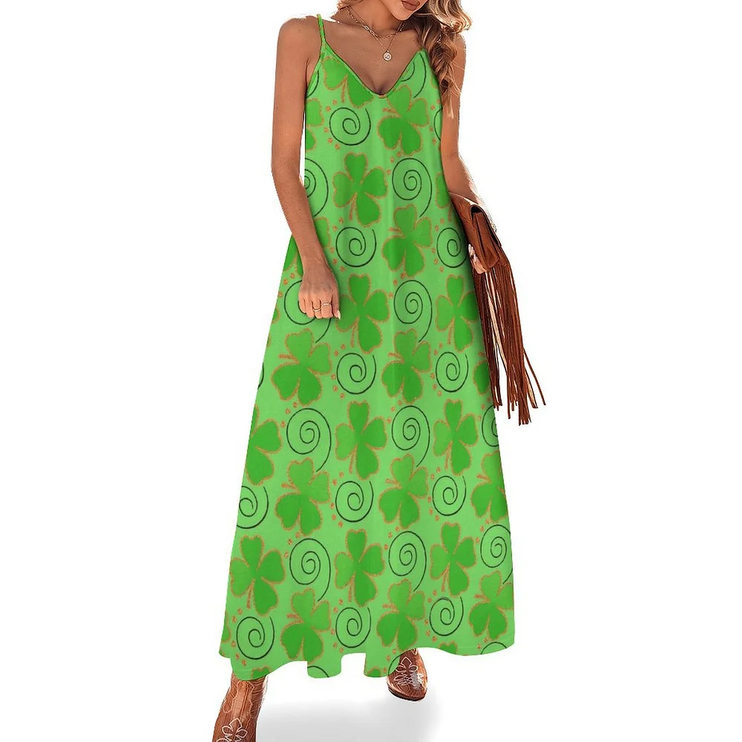Style & Comfort for Mature Women Plus Size Printed Sling Casual Women Maxi Dress in Pattern St. Patrick's Day, Green, Clover, Lucky