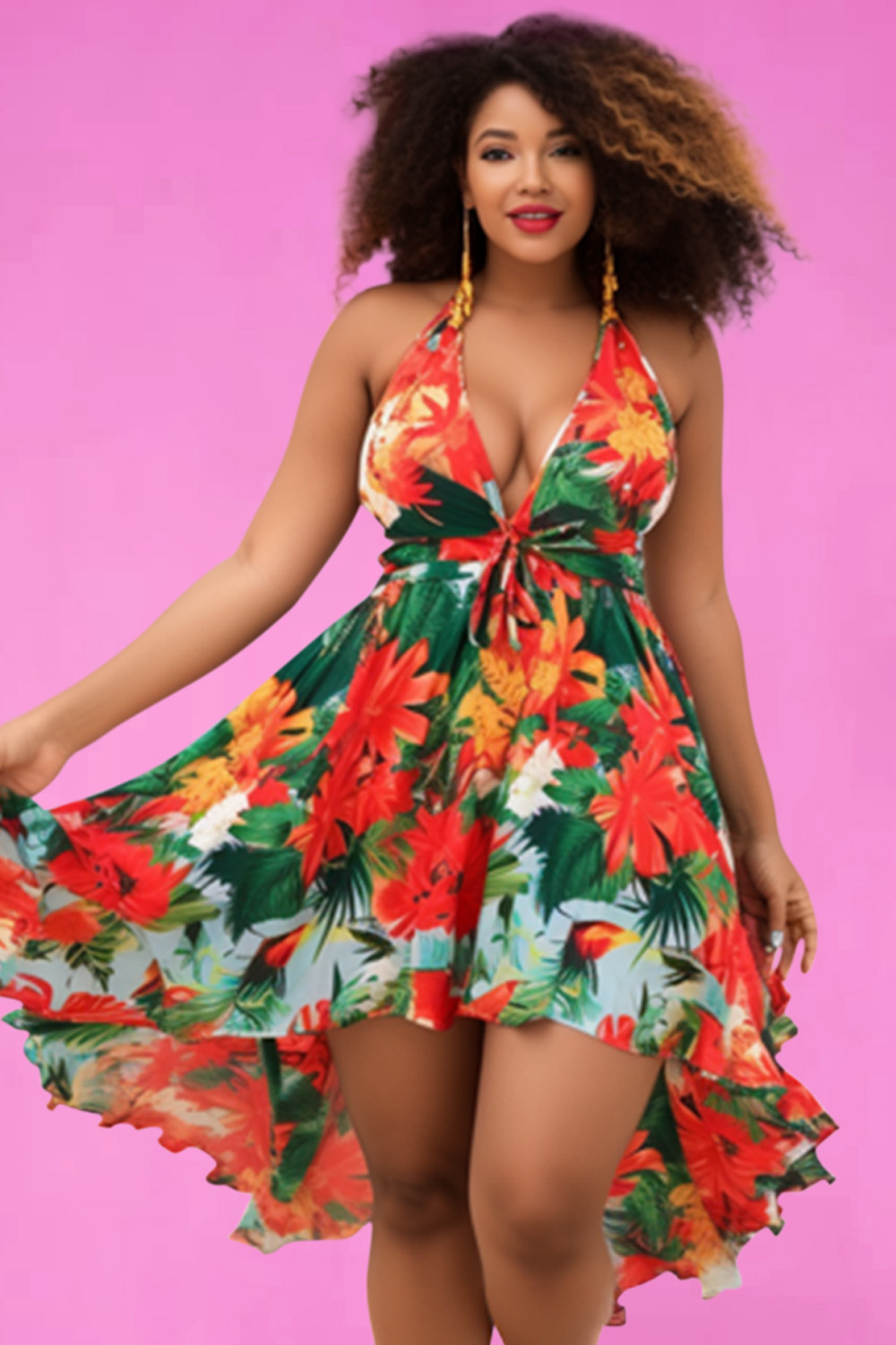 Design Plus Size Beach Red Floral Split Neck Asymmetric Hem Swimsuit Fabric Swimwear Dress [Pre-Order]
