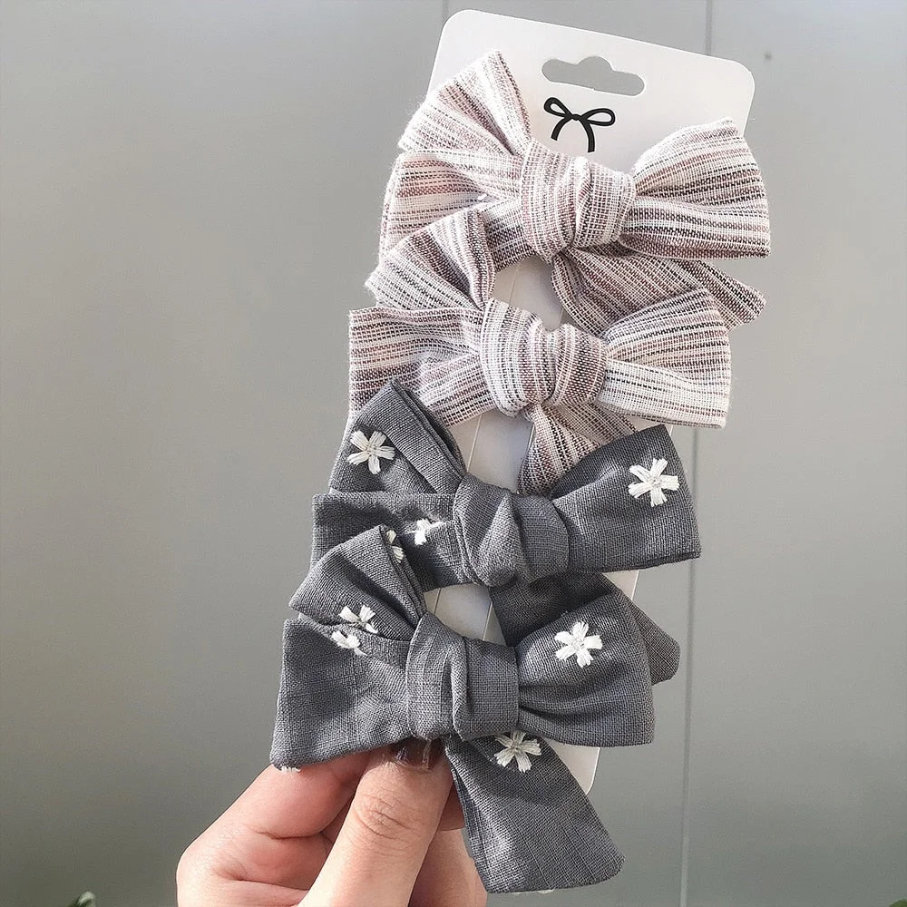 4 Pcs/set Cotton Linen Plaid Bowknot Hair Clips For Cute Girls Floral Handmade Hairpins Barrettes Headwear Kids Hair Accessories