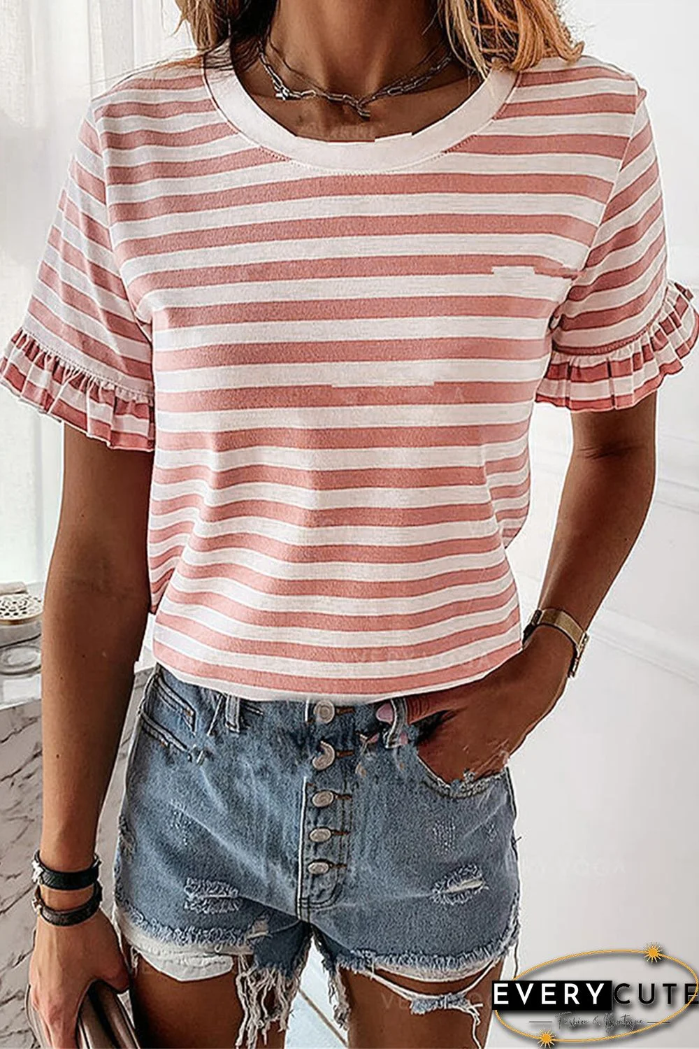 Pink Casual Striped Ruffle Sleeve Short Sleeve T-Shirt