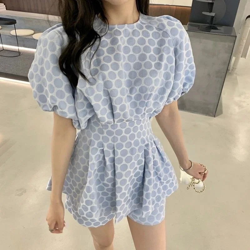 Short Sets Women Summer Korean Style Polka Dot Fashion Sweet All-match High Waist O-neck Puff Sleeve Elegant Vintage Female New