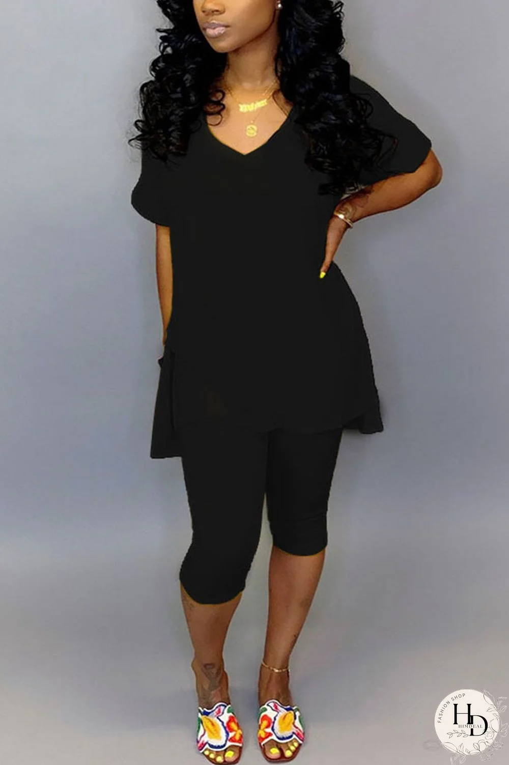 Black Polyester Fashion Sexy Solid Two Piece Suits pencil Short Sleeve Two Pieces