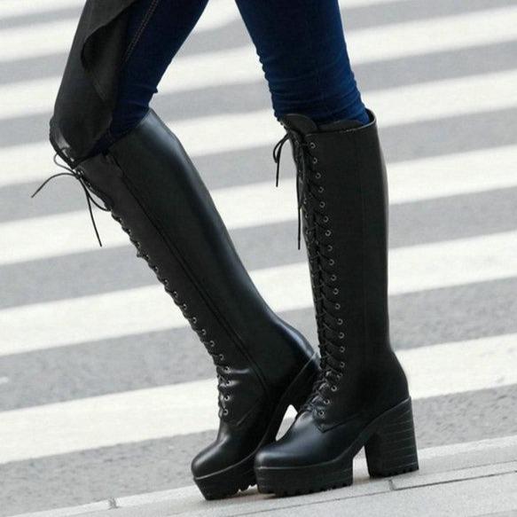 Women chunky block heel front lace zipper long combat boots
