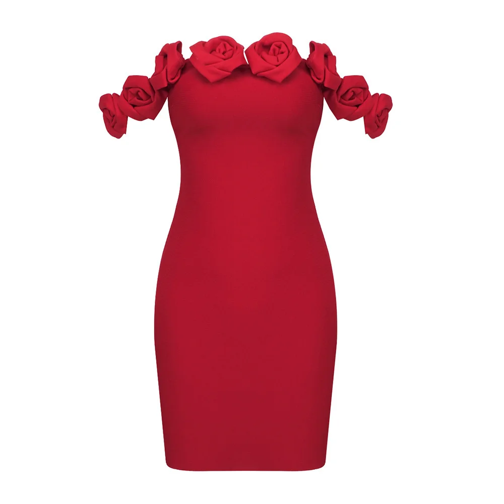 Zingj High-End Fashion Women's Red Shoulder Dress High Sense Short Elastic Repair Three-Dimensional Floral Dress