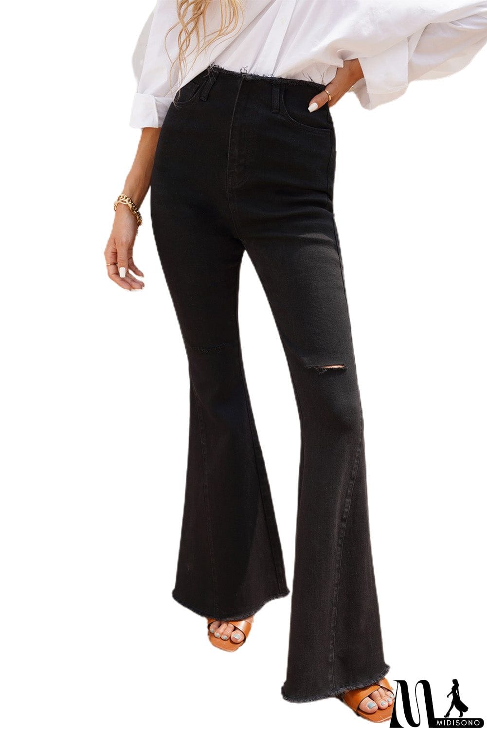 MidiSono - High Waist Hole Flared Jeans