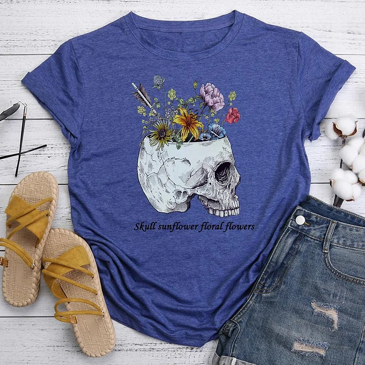 Skull sunflower floral flowers  T-Shirt Tee-06297-Annaletters