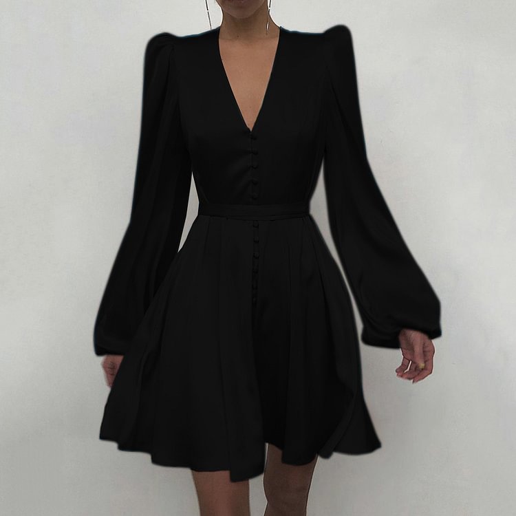 Plus Size Stain Short Dress Women Puff Long Sleeve V Neck Midi Dress Belted Solid Color Loose Casual Party Dress S-5XL - Life is Beautiful for You - SheChoic