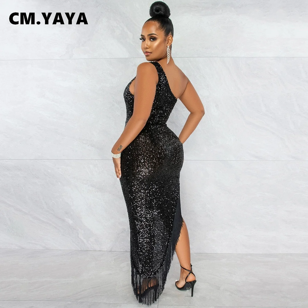CM.YAYA Women Tassel Side Sequins One Shoulder Skew Neck Bodycon Midi Maix Irregular High Low Long Dress Sexy Night Party