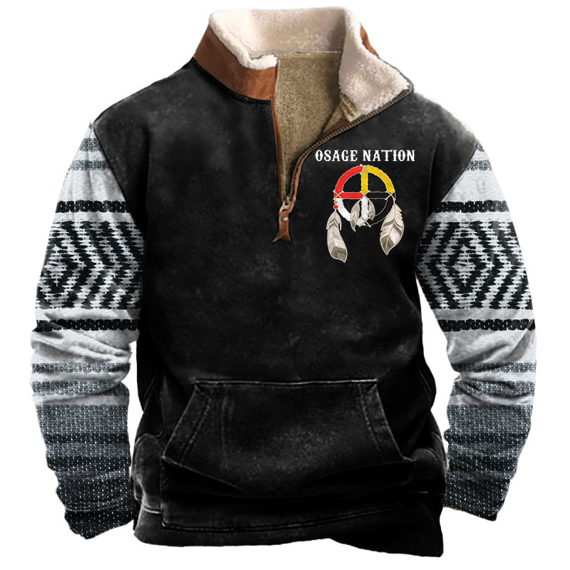 Men's Osage Nation Indian Western Stripe Print Sweatshirt Quarter Zip Plush Collar Vintage Daily Tops