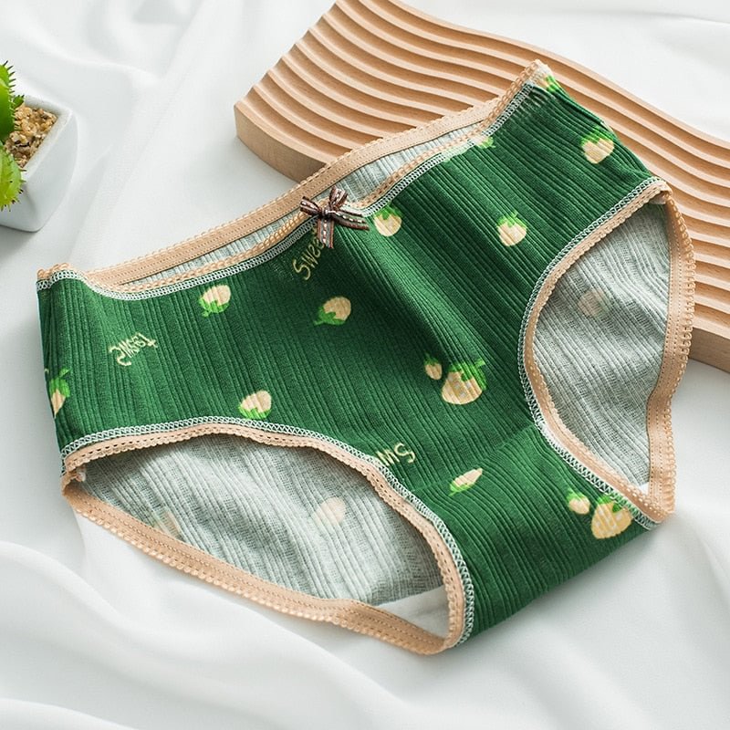 Green Panties Women's Cotton Underwear Fashion Bow Comfort Briefs Mid Waist Seamless Underpants Lovely Cartoon Girls' Panties