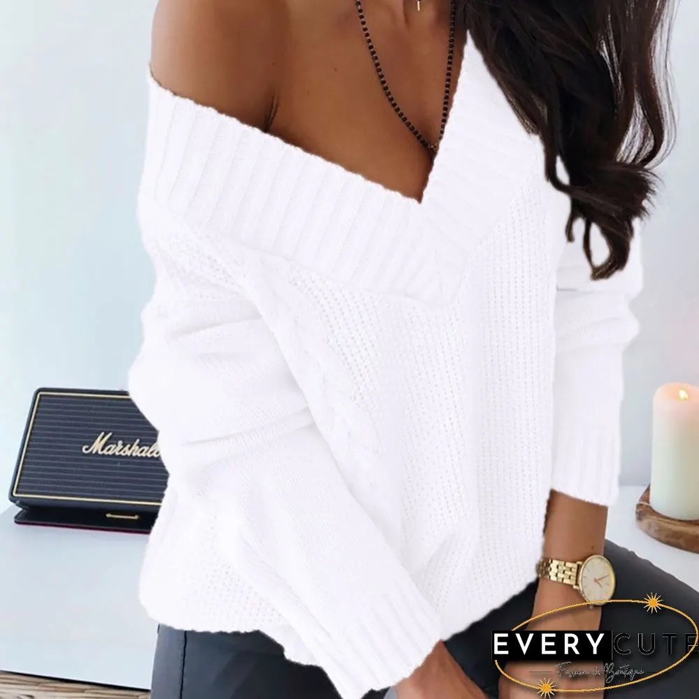 White Off Shoulder Cable V Neck Sweater