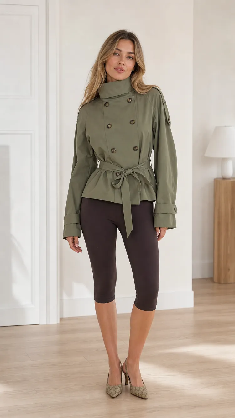 Women's Double-Breasted Cropped Trench Jacket with Tie Belt