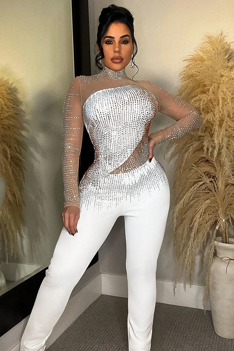 Mesh Rhinestone Stand Collar Long Sleeve Slim Fit Party White Jumpsuit