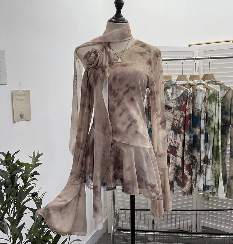 Churchf Spice Girls Inclined Shoulder Horn Long-Sleeved T-Shirt Around The Neck With Flowers Lotus Leaf-Lace Mesh Yarn Women 9985