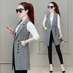Fashion Long Plaid Vest Women's Sleeveless Blazer Spring Autumn Plus Size Women Elegant office work Suit Vest Female Waistcoat