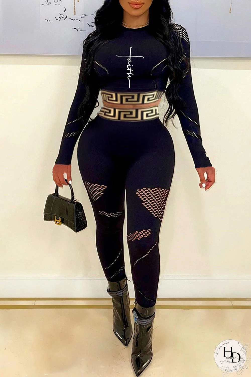 Burgundy Casual Print Split Joint O Neck Long Sleeve Two Pieces