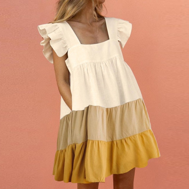 Women Ruffled Mini Dress Summer Cute Square Collar Pocket Dresses Elegant Butterfly Sleeve Beach Party Female Dresses Vestidos Lanfubeisi