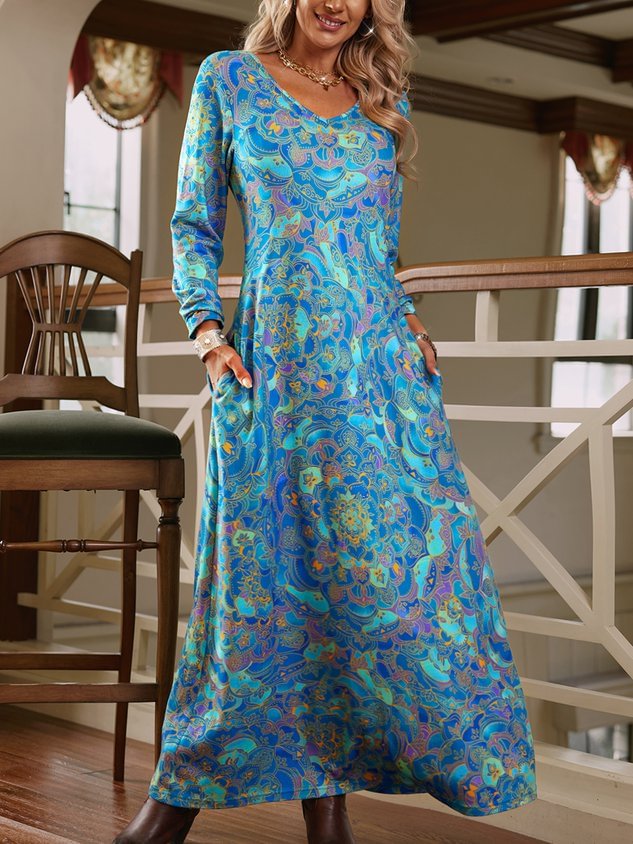 Vintage Geometric Floral Printed V Neck Long Sleeve Plus Size Casual Knitting Dress