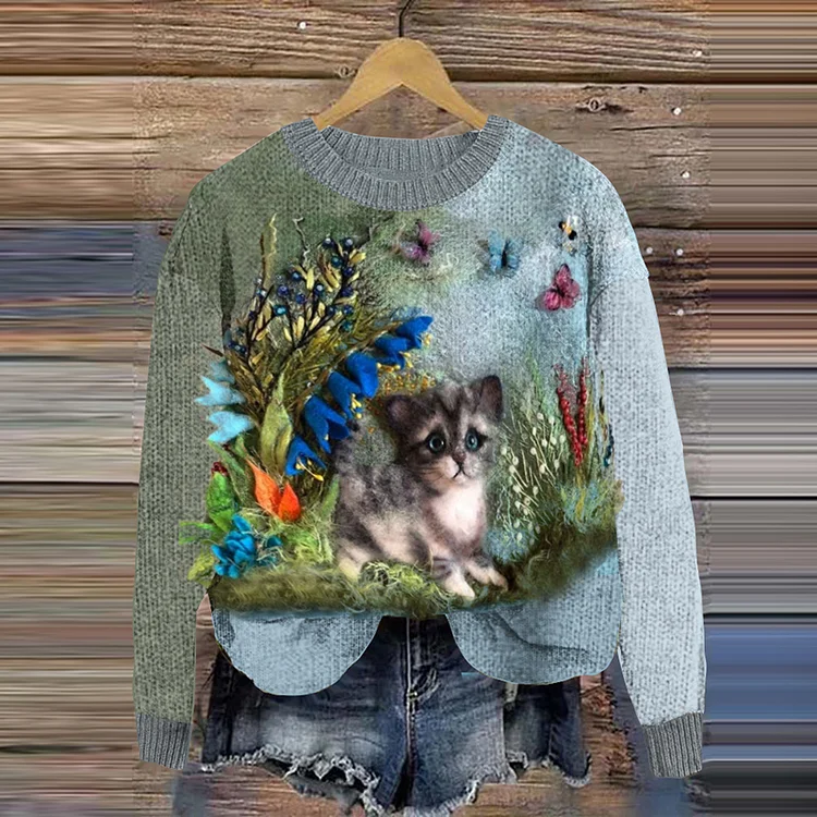 Gradient Forest Cat Wool Felt Art Casual Sweater