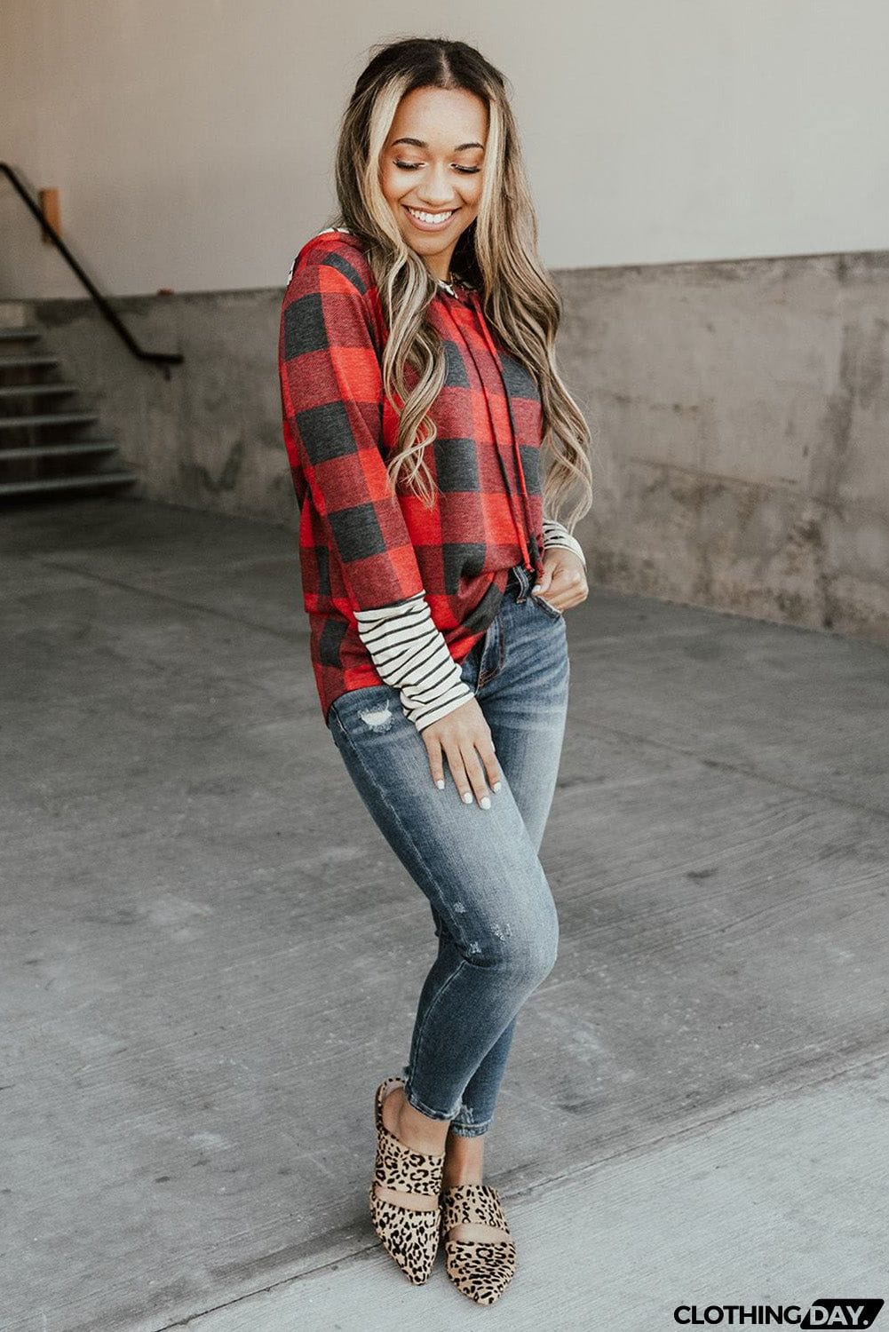 Christmas Plaid Striped Patchwork Drawstring Hoodie