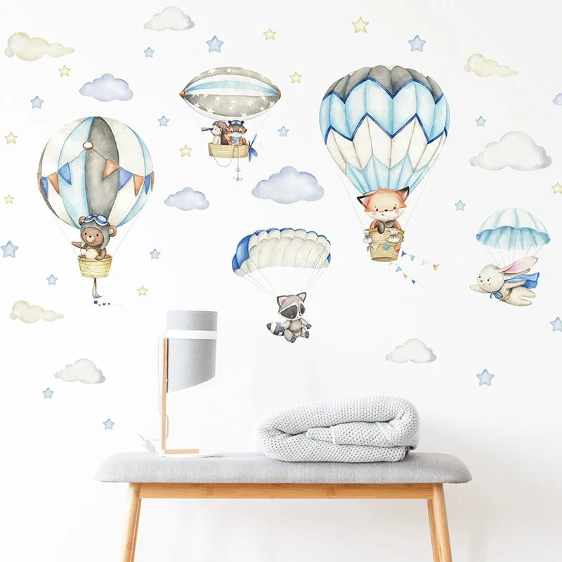 Sdrawing Animals Hot Air Balloon Clouds Wall Stickers Blue Color for Kids Room Baby Nursery Room Wall Decals Boy Room Stickers