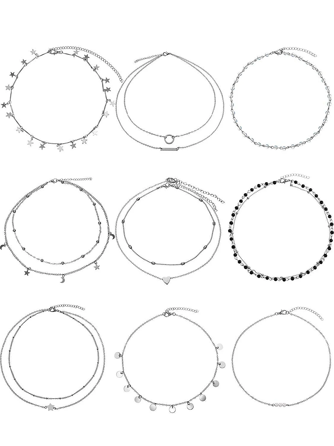 9 Pieces Women Girls Layered Choker Necklace Sliver Layered Pendant Choker Jewelry Set (Style 1)