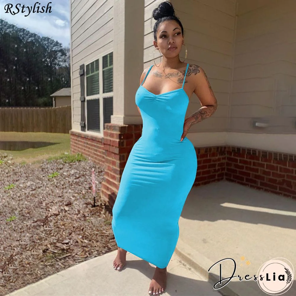 Elegant Women Solid Color Spaghetti Strap Sheath Long Dress