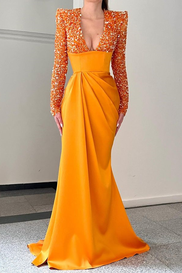 Bellasprom Orange Deep V-Neck Mermaid Prom Dress Long Sleeves With Sequins Bellasprom