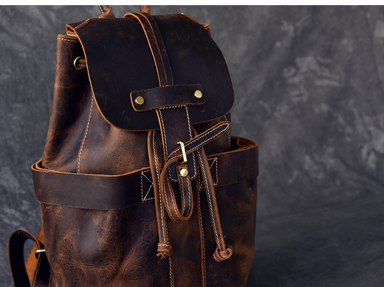 Front View of Woosir Genuine Leather Drawstring Bucket Vintage Backpack
