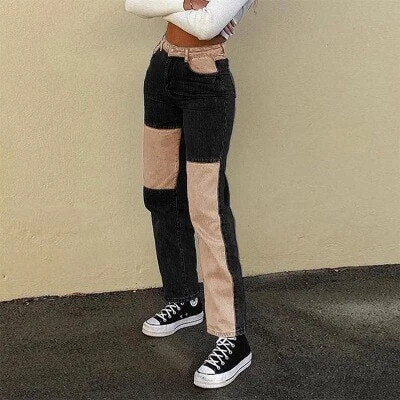 Patchwork Jeans Women Straight Pants High Waist Denim Baggy Jeans Streetwear Distressed Woman Jeans Vaqueros Mujer 2020
