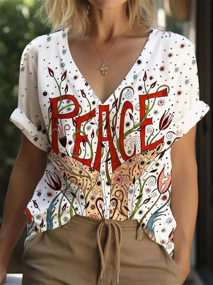 Women's V-neck Peacemaking Hands Print Top socialshop