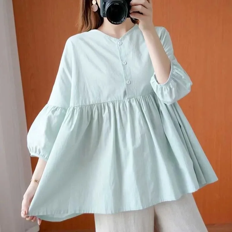 Wongn V-Neck Loose Solid Color Folds Shirts Women's Clothing 2024 Spring New Oversized Casual Tops Lantern Sleeve Blouses