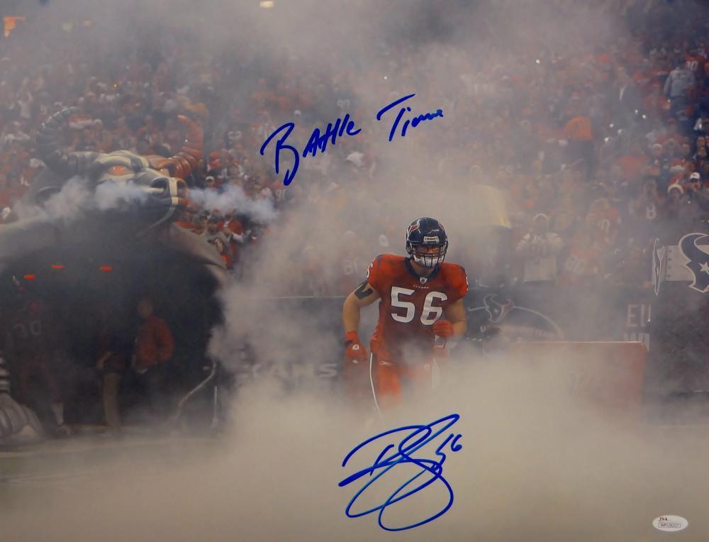 Brian Cushing Autographed Texans 16x20 In Smoke Photo Poster painting W/ Battle Time- JSA W Auth