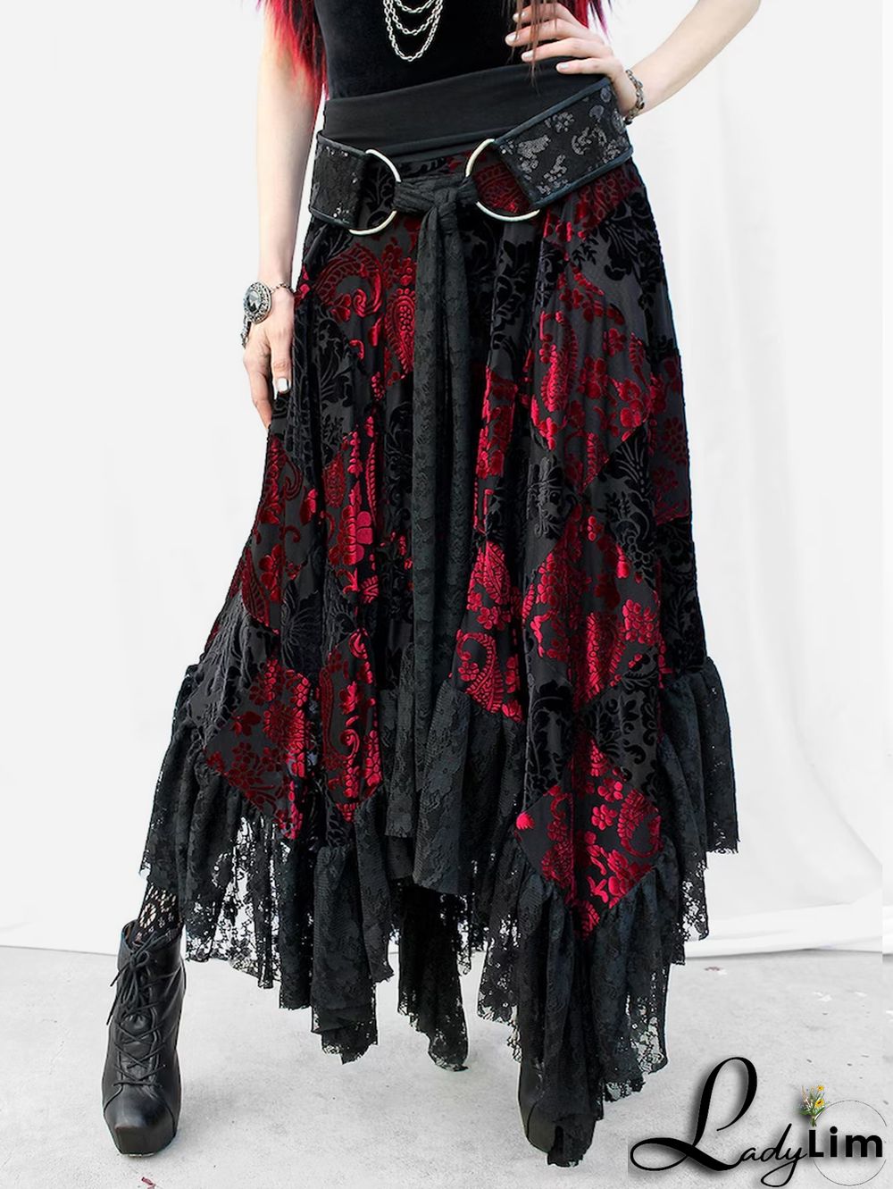 Fashion Colorblock Lace Buckle Belt Asymmetric Hem Velvet Midi Skirt