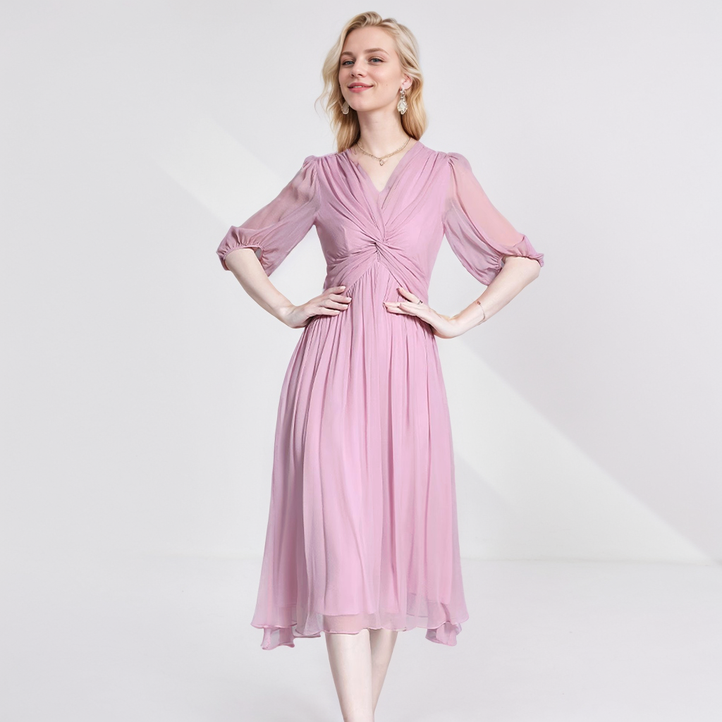 Pink Silk V-Neck Dress Elegant Vacation Style REAL SILK LIFE