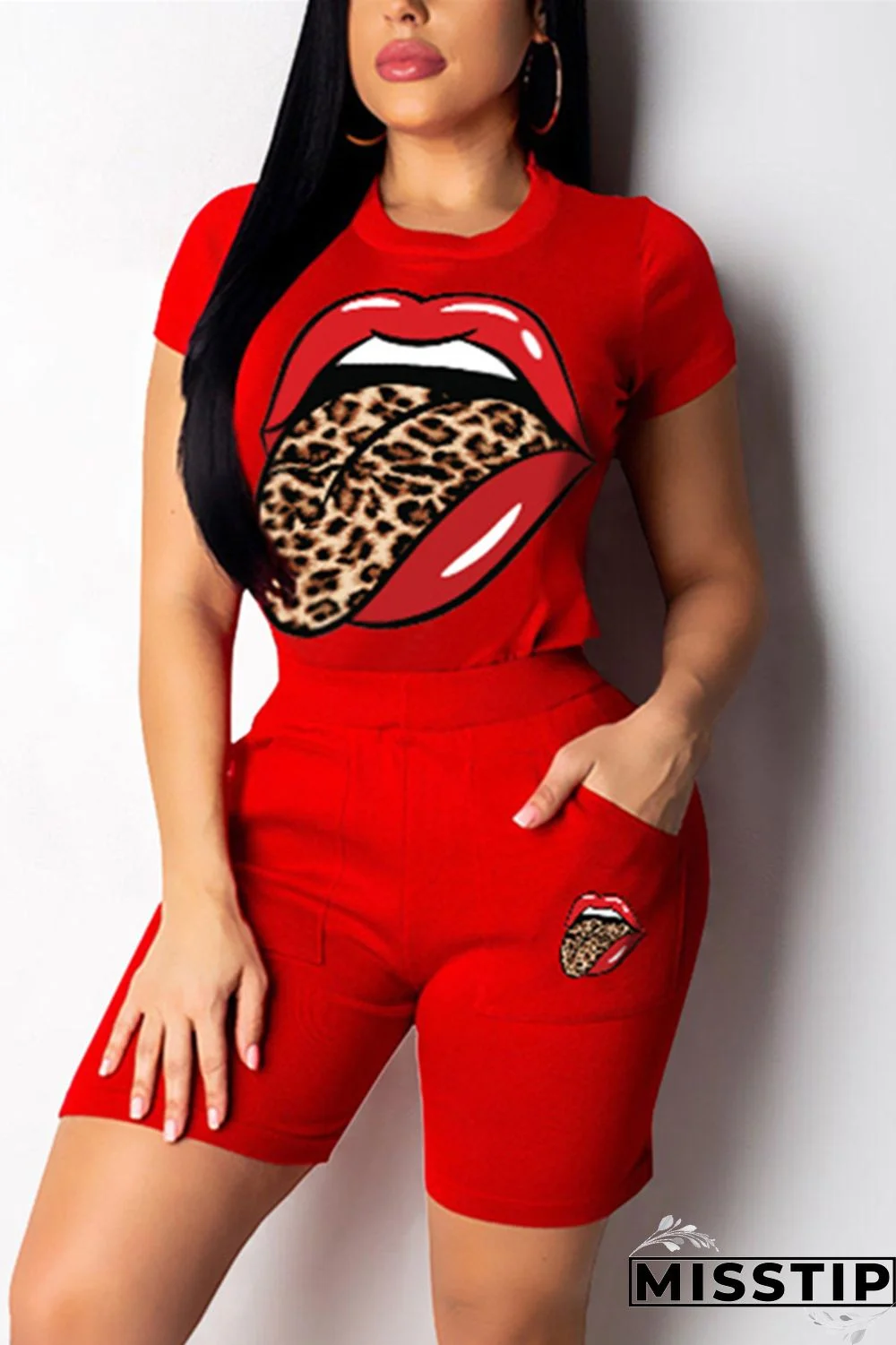 Red Fashion Tongue Print T-shirt Casual Set