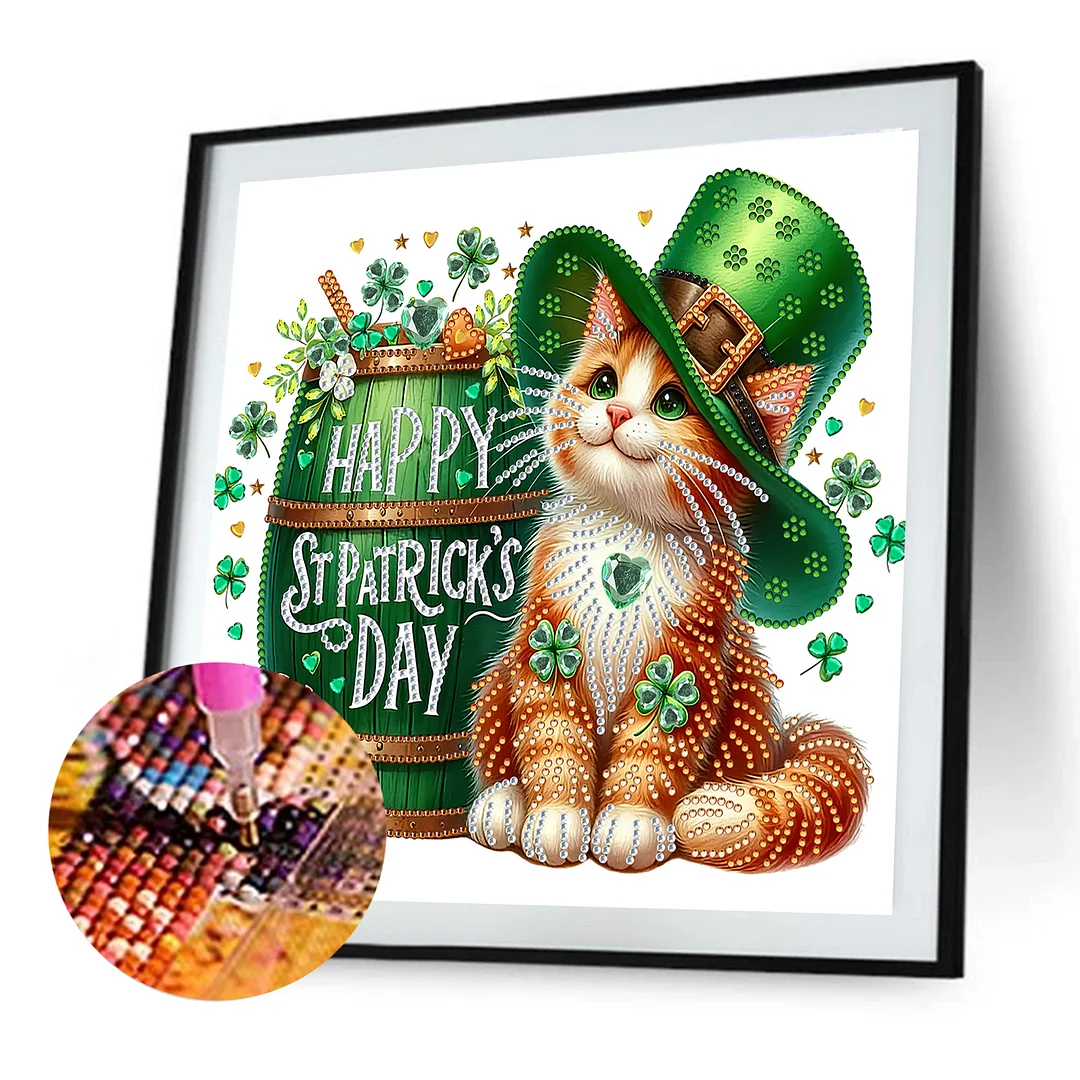 St Patricks Day Cat Special Shaped 5D DIY Partial Drill Diamonds Dots Gem Art Kits for Adults Beginners Home Decor Diamonds Paintings Gem Art 11.81 X11.81inch