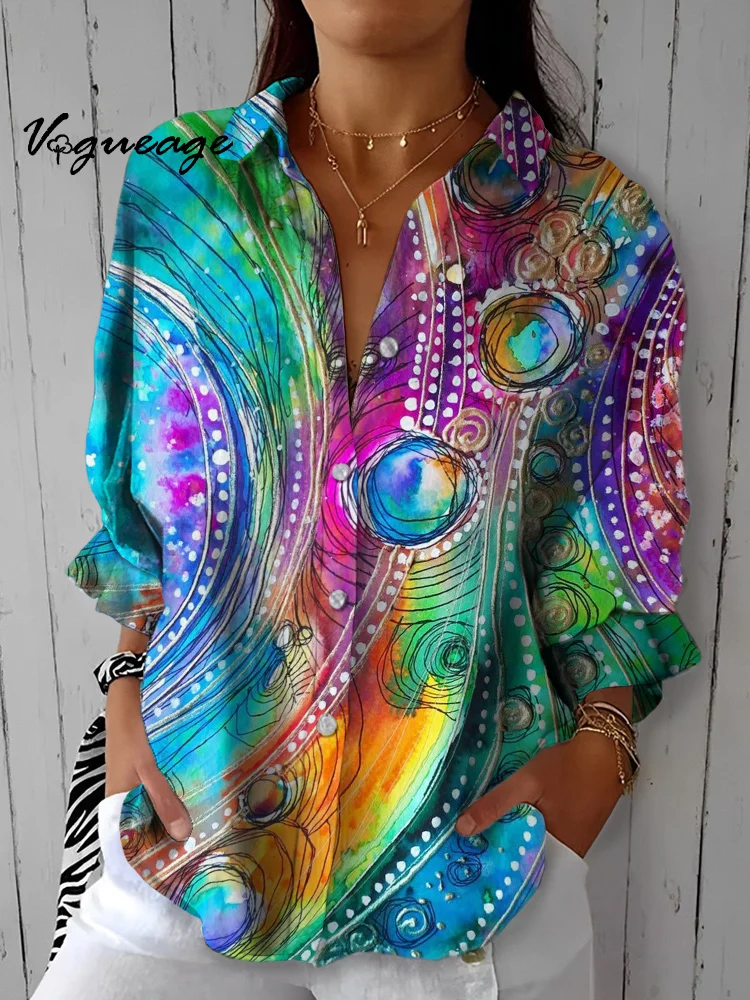 Women's Watercolor Colorful Lines Circle Lantern Sleeves Printed Cotton And Linen Shirt