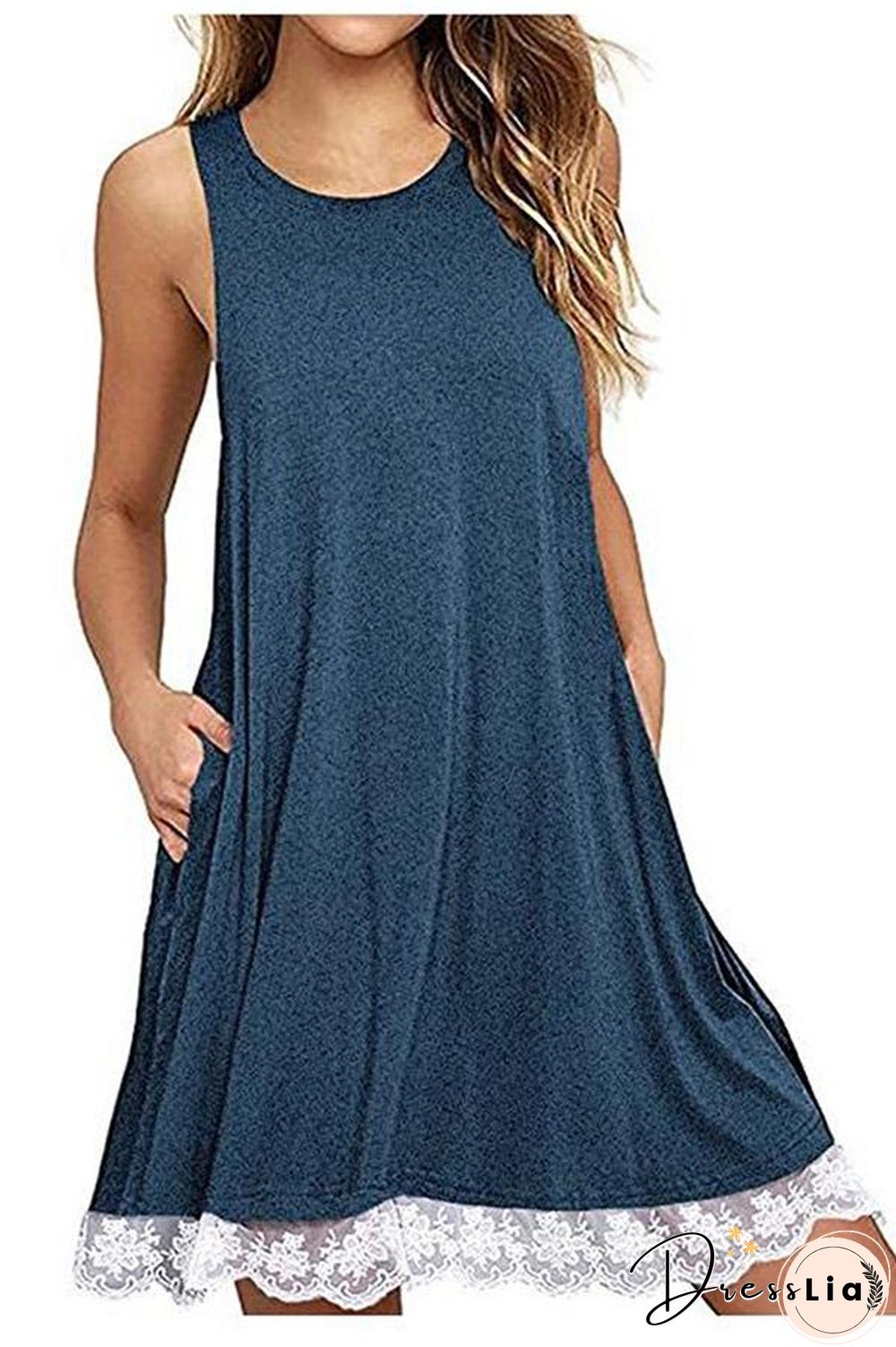 Solid Color Sleeveless Lace Dress