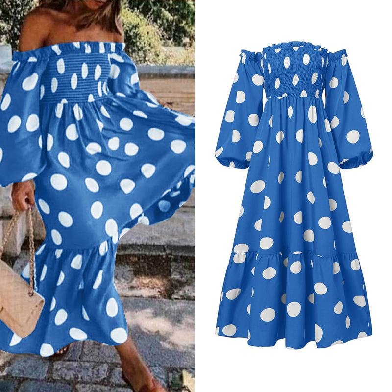 Off Shoulder Dress 2022 VONDA Women Long Sleeve Sexy Polka Dot Print Holiday Strapless Dress Casual Party Vestidos Femme Robe