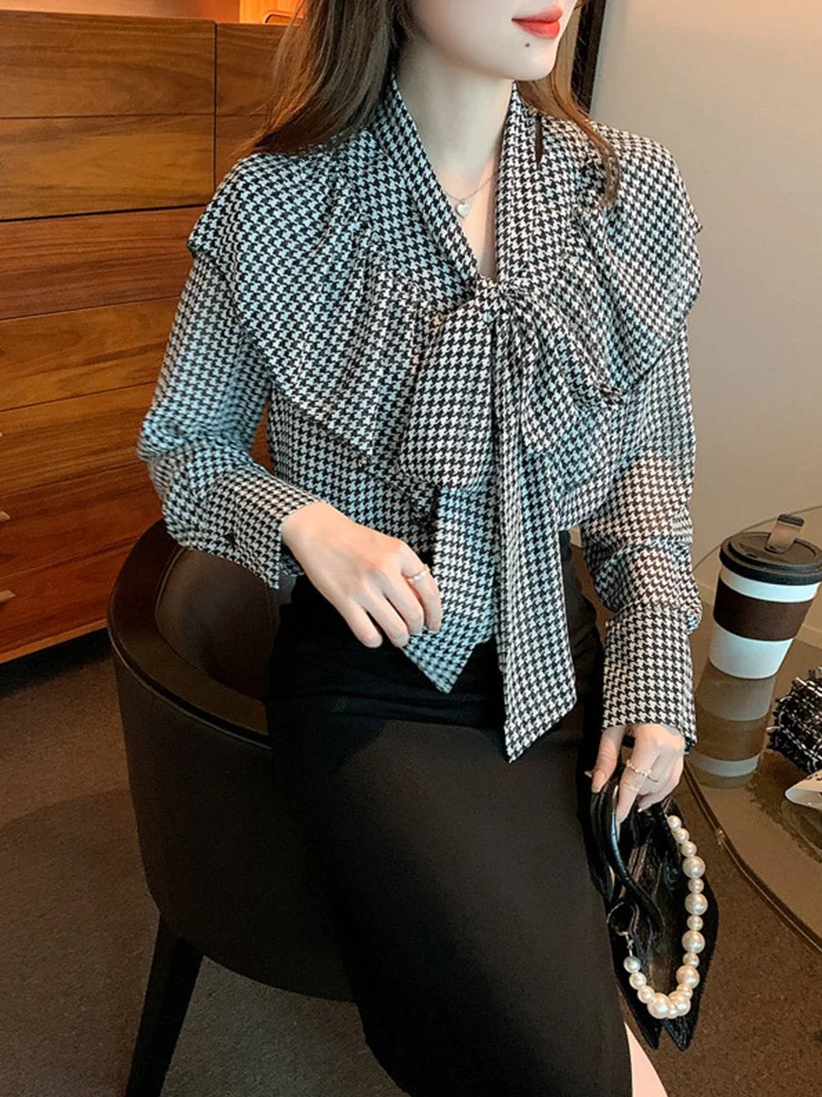 Bow Tie Houndstooth Shirt Top