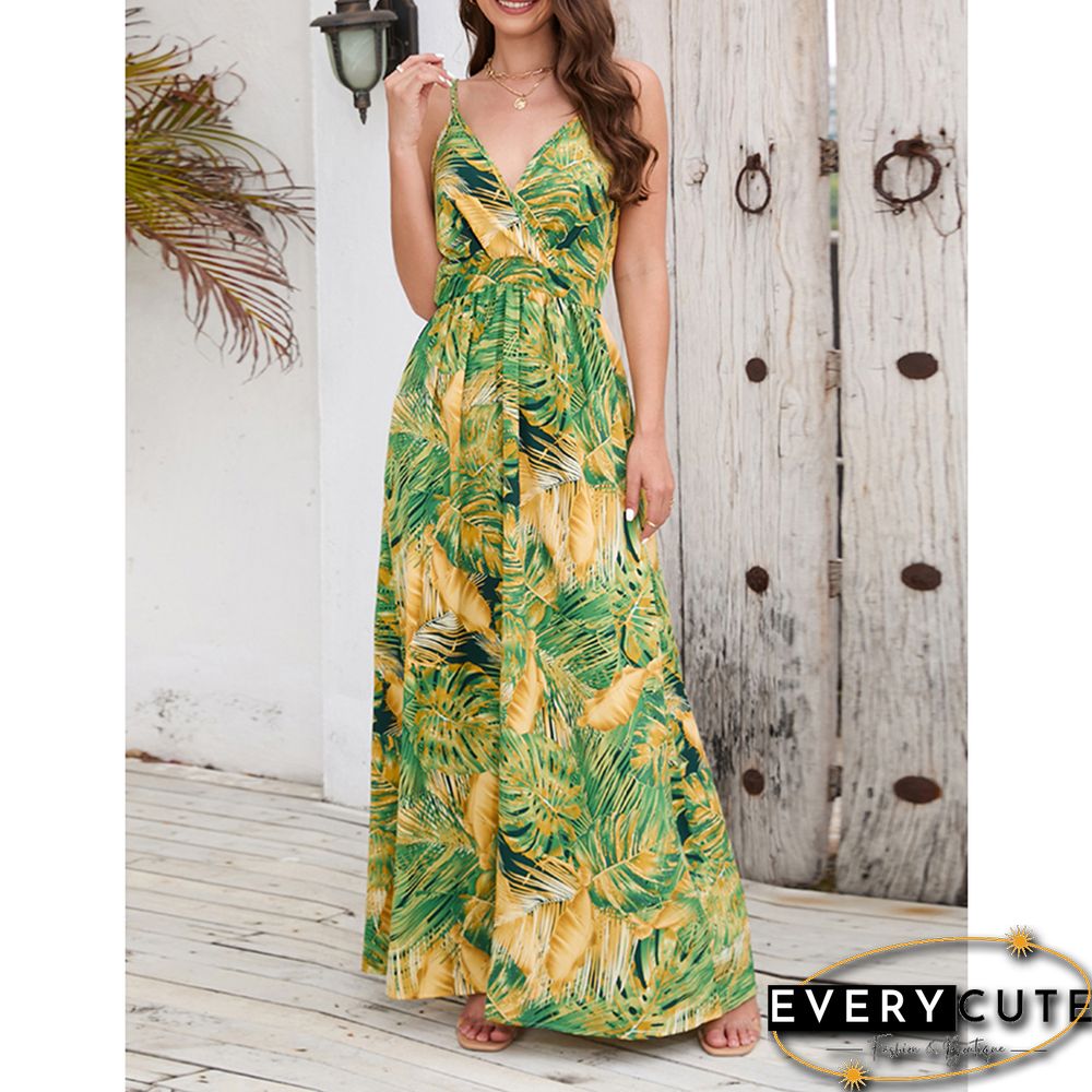 Light Green Bohemia Print V Neck Maxi Dress