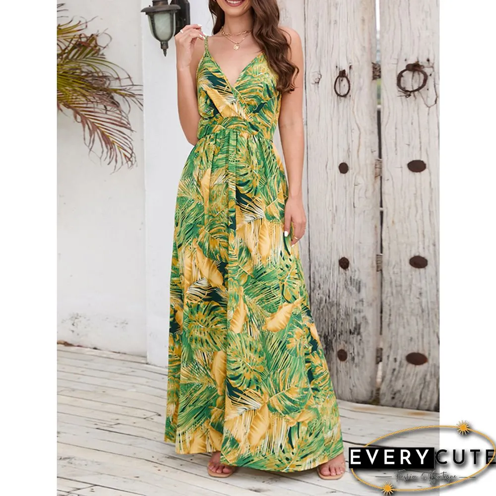 Light Green Bohemia Print V Neck Maxi Dress