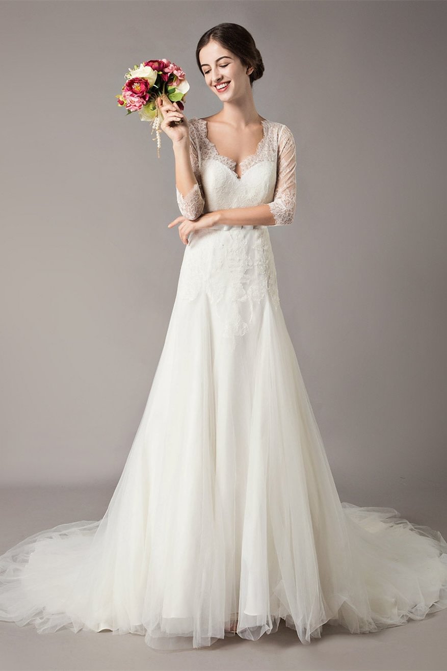 Halbärmel Spitze Strand Hochzeitskleid PD0354 Lunass