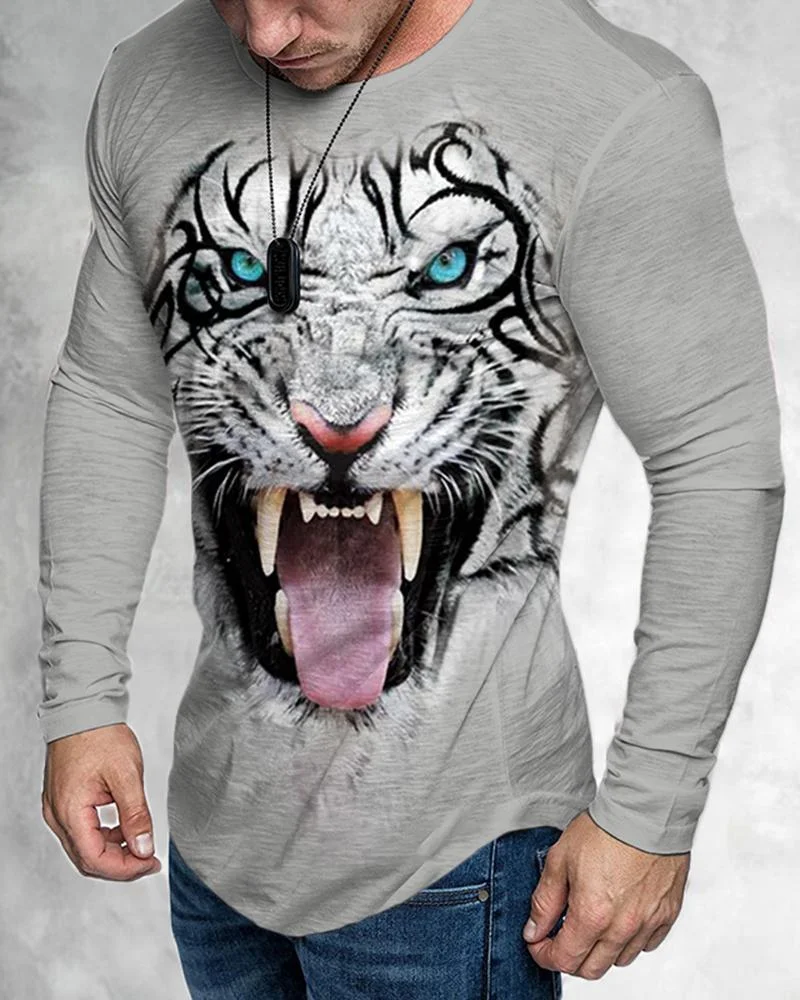 Men's Casual Long Sleeved 3D Digital Tiger Printing T-shirt