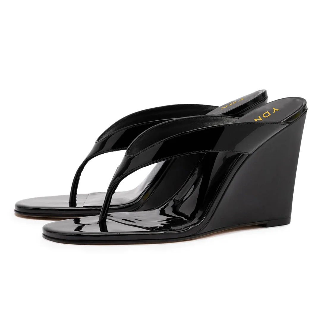 Black Patent Leather Open-Toe Wedge Heel Flip Flops for Women